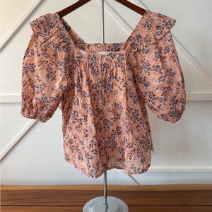 Cleobella Coral orange and blue Mariana Floral Puff Sleeve Blouse XS -never worn